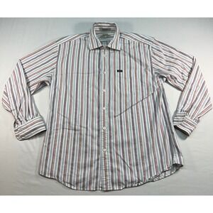 Faconnable Mens Large Striped Button Down Shirt‎ Blue Orange White Cotton L/S